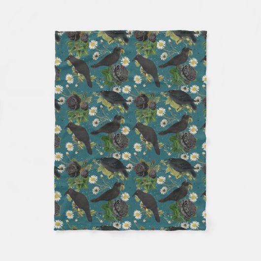 Couverture Polaire Goth Crows et Roses noirs Profond Turquoise Motif (Devant)