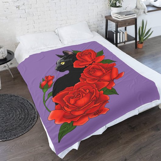 Couverture Polaire Gothique Chat Noir Roses Rouges Violet