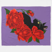 Couverture Polaire Gothique Chat Noir Roses Rouges Violet (Devant (Horizontal))