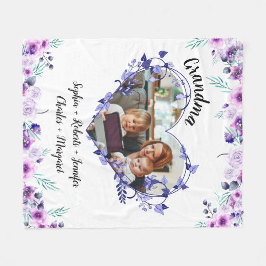 Couverture Polaire Grand-mère coeur de fleur avec petits-enfants Nom (Devant (Horizontal))