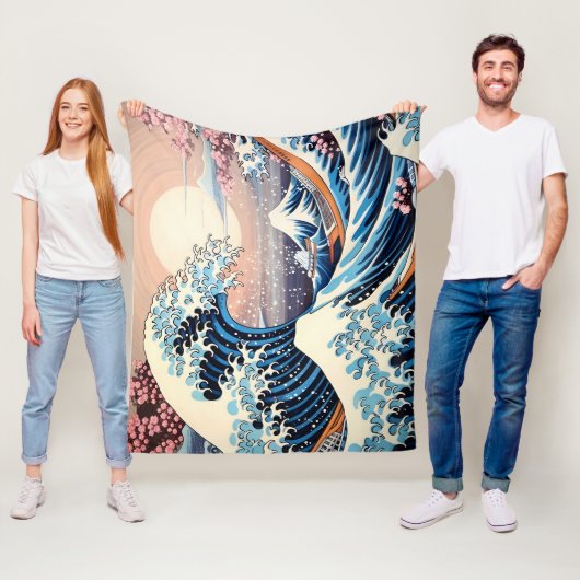 Couverture Polaire Grande vague inspirée rose sakura esthétique (En situation)