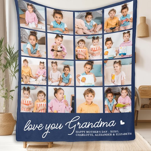 Couverture Polaire Grandma moderne Custom Navy Blue 16 Photo Collage