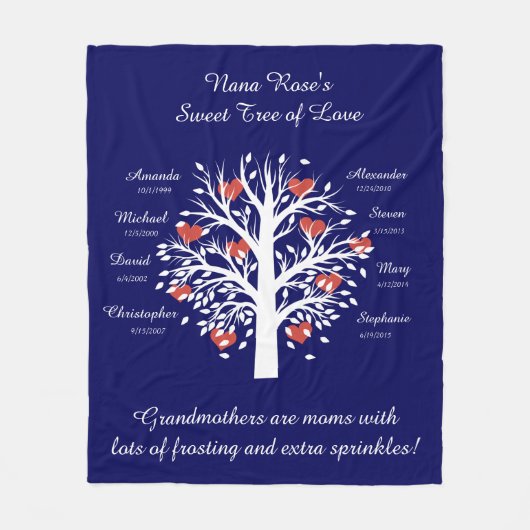 Couverture Polaire Grandma Tree (coeurs), White/Navy 8 Names & Dates (Devant)