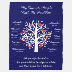 Couverture Polaire Grandpa Tree (coeurs), White/Blue 10 Names & Dates