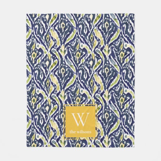 Couverture Polaire Gras bleu jaune Abstrait Ikat Monogramme (Devant)