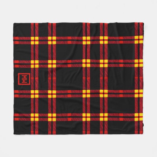 Couverture Polaire Gras, noir, rouge, monogramme jaune plaid (Devant (Horizontal))