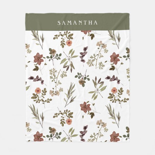 Couverture Polaire Green Burgundy Wildflower Monogram Name (Devant)