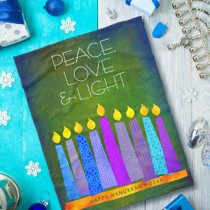 Couverture Polaire Green Hanoukka Menorah bougies Peace Love Light