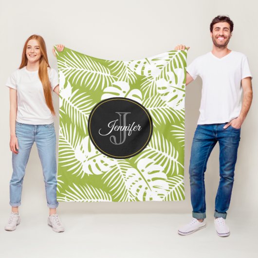 Couverture Polaire Green Palm Feuille Rainforest Motif Monogram (En situation)