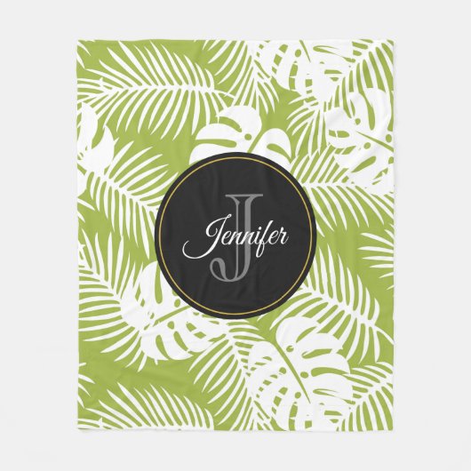 Couverture Polaire Green Palm Feuille Rainforest Motif Monogram (Devant)