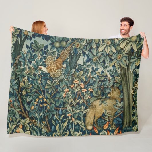 Couverture Polaire GREENERY, FOREST ANIMALS Pheasant, Fox, Green Flor (En situation)