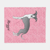 Couverture Polaire Greyhound Italien Bleu Et Blanc Sur Coeurs Rose (Devant (Horizontal))