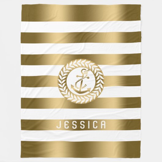 Couverture Polaire Grilles Or & Blanc Avec Ancre Nautique Or (Devant)