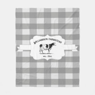 Couverture Polaire Gris Buffalo Plaid Vache de ferme Blanche