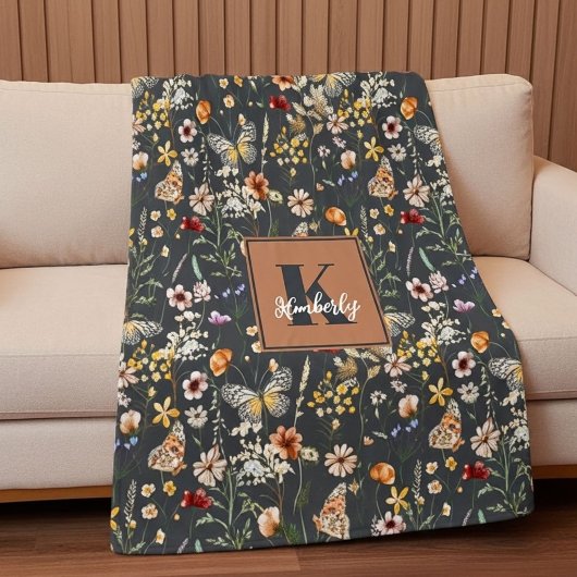 Couverture Polaire Gris Charbon Boho Floral Monogrammé
