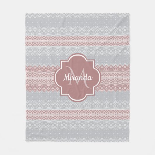 Couverture Polaire Gris chic et rose cinglé rayures et monogramme (Devant)