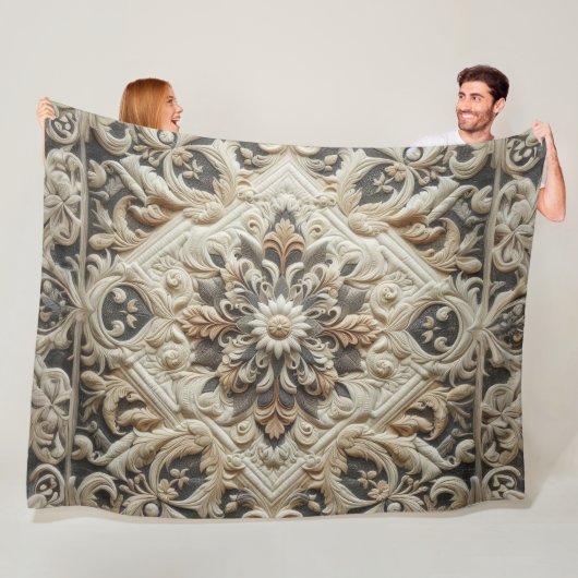 Couverture Polaire Gris Crème Matelassé Orné Arabesque (En situation)