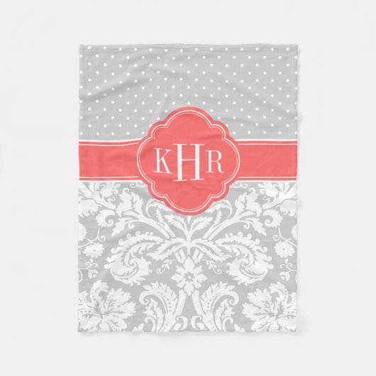 Couverture Polaire Gris et corail Damas Pois Monogramme (Devant)