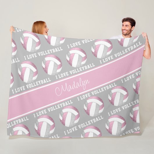 Couverture Polaire gris rose poussiéreux J'aime le volley-ball motif (En situation)