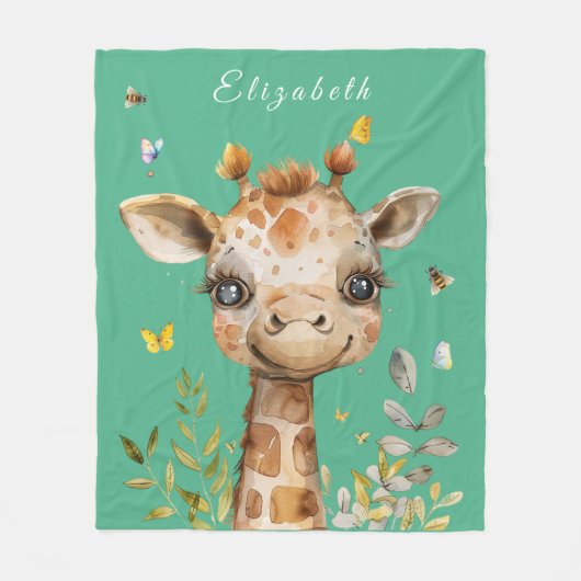 Couverture Polaire Grosse Giraffe Gros yeux Papillons abeilles (Devant)