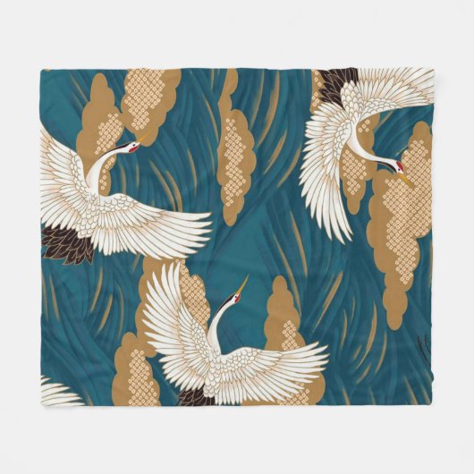 Couverture Polaire Grue et vague, design japonais (Devant (Horizontal))