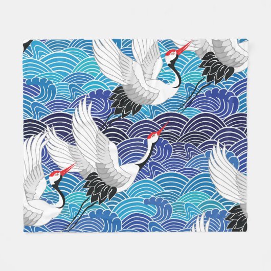 Couverture Polaire Grue japonaise : Motif orné d'oiseaux. (Devant (Horizontal))