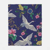 Couverture Polaire Grues japonaises, vagues et fleurs. Broderie (Devant)