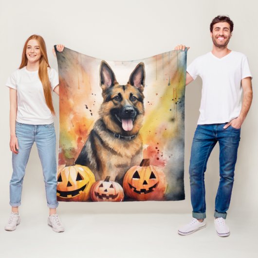 Couverture Polaire Halloween berger allemand avec la peur Citrouille (En situation)