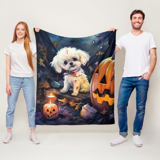 Couverture Polaire Halloween Bichon Frise Avec La Peur Citrouille (En situation)