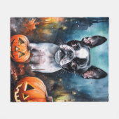 Couverture Polaire Halloween Boston Terrier avec la peur Citrouille (Devant (Horizontal))
