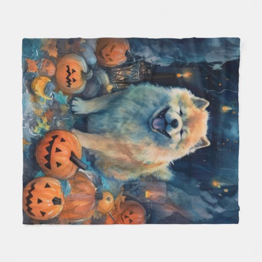 Couverture Polaire Halloween Chow Chow Avec La Peur Citrouille (Devant (Horizontal))