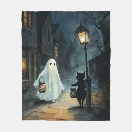 Couverture Polaire Halloween Ghost et Rencontre de chat (Devant)