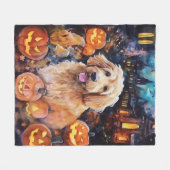 Couverture Polaire Halloween Goldendoodle avec la peur Citrouille (Devant (Horizontal))