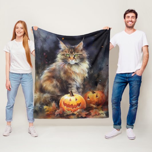 Couverture Polaire Halloween Maine Coon Chat Avec Crainte Citrouille (En situation)