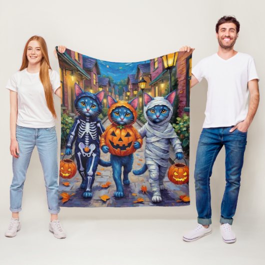 Couverture Polaire Halloween Orientale Bleue Chats Trick-or-Treating (En situation)