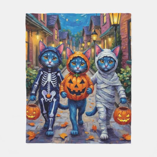 Couverture Polaire Halloween Orientale Bleue Chats Trick-or-Treating (Devant)