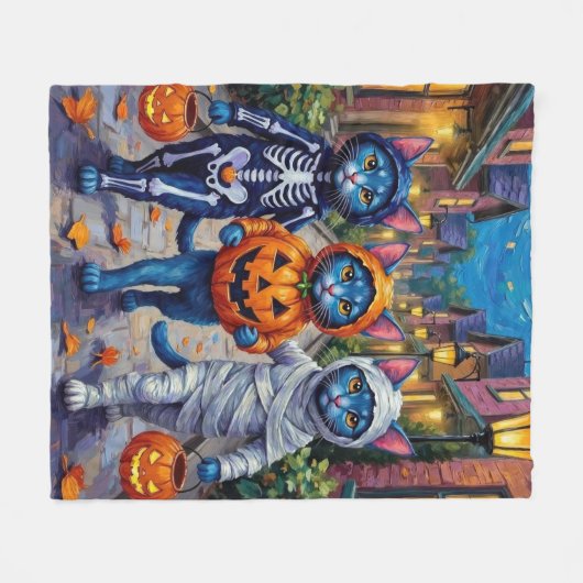 Couverture Polaire Halloween Orientale Bleue Chats Trick-or-Treating (Devant (Horizontal))