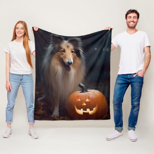 Couverture Polaire Halloween Rough Collie Avec Citrouille effroi (En situation)