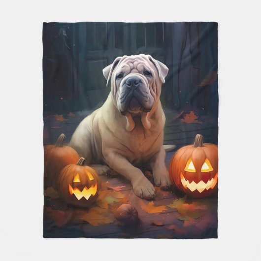 Couverture Polaire Halloween Shar Pei Avec La Peur Citrouille (Devant)