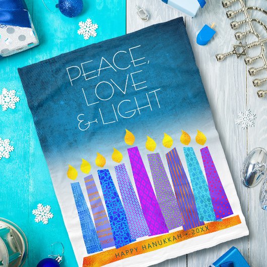 Couverture Polaire Hanoukka Turquoise bougies Peace Love Light Modern