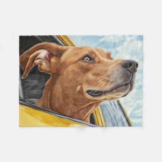 Couverture Polaire Happy Dog in Yellow Car Art Print (Devant (Horizontal))