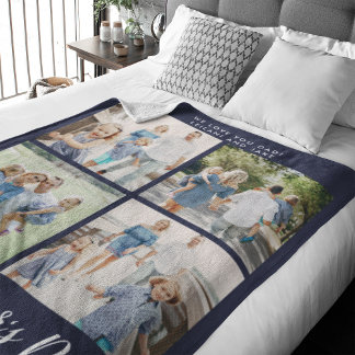 Couverture Polaire Happy Fête des pères Photo Collage Navy Blue