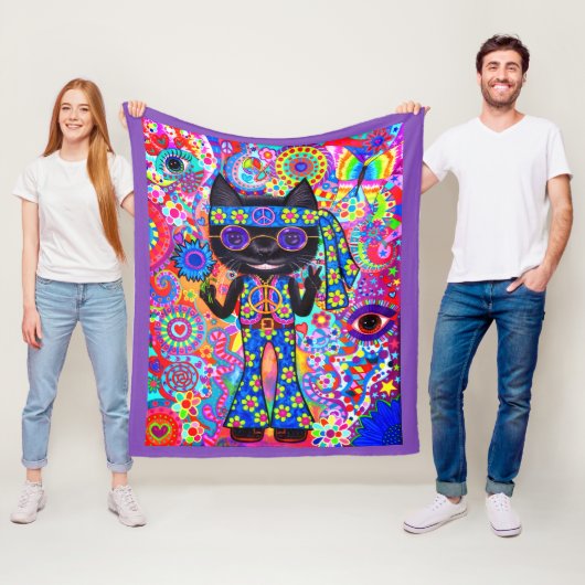 Couverture Polaire Happy Hippie Chat Lunettes de soleil Paix Signale  (En situation)