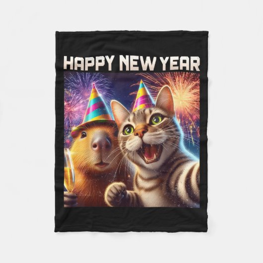 Couverture Polaire Happy New Year 2026 Cute Cat Capybara Party Art  (Devant)