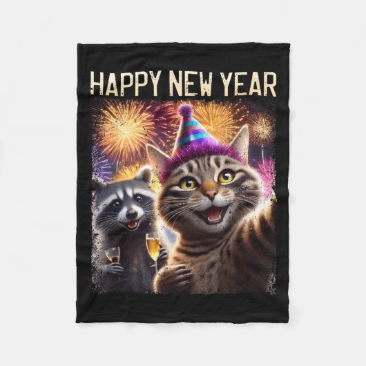 Couverture Polaire Happy New Year 2026 Cute Cat Raccoon Celebration  (Devant)