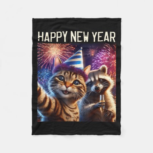 Couverture Polaire Happy New Year 2026 Cute Cat Raccoon Celebration  (Devant)