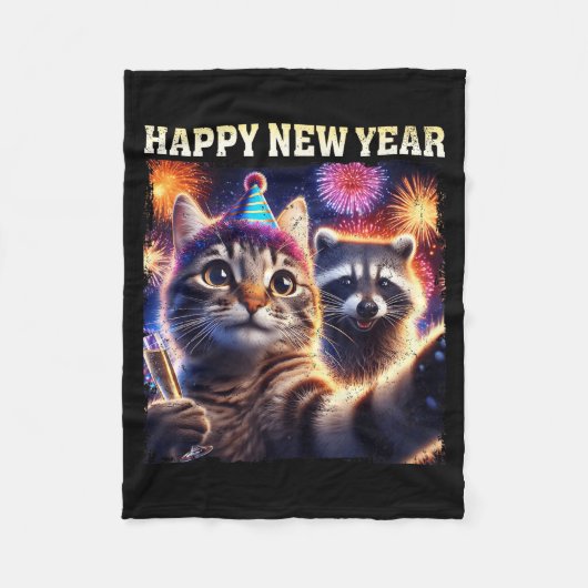 Couverture Polaire Happy New Year 2026 Cute Cat Raccoon Celebration  (Devant)