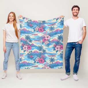 Couverture Polaire Hibiscus Island Hawaiian Scenic - Rose et Bleu