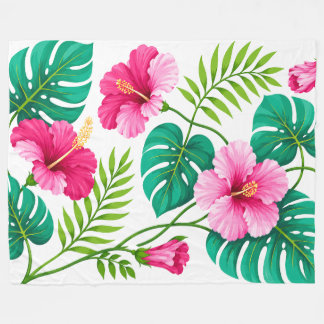 Couverture Polaire Hibiscus rose tropical et feuilles de Monstera
