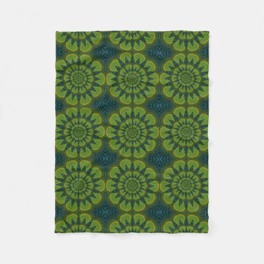 Couverture Polaire Hippie Abstraite Vert & Marine Fleurs Bleues Ethni (Devant)